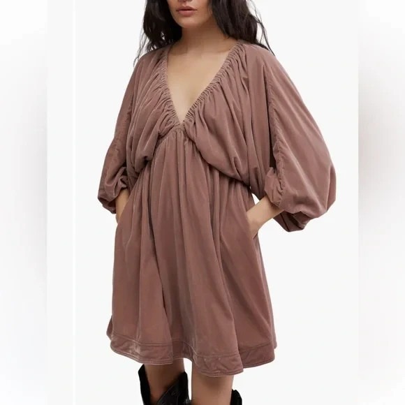 FREE PEOPLE  PORTIA VELVET MINI DRESS PINK/DUSTY ROSE BOHO PRAIRIE SMALL - Picture 7 of 8